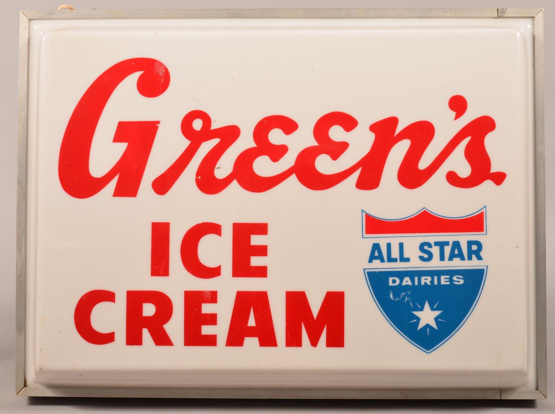 Green's Ice Cream Lighted Sign. All star dairies,: Green's Ice Cream Lighted Sign. All star dairies, plastic front with aluminum frame. Working condition, 18-1/2"h. x 25"w. Condition: Very good.