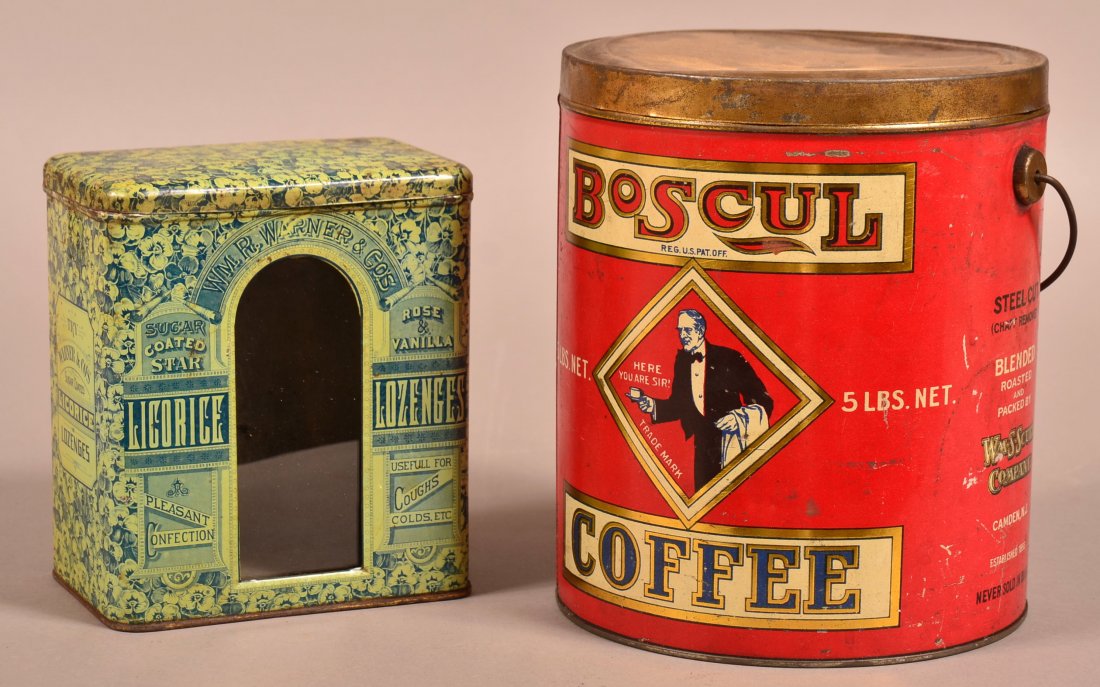 Two Advertising Tins. 1st is a Boscul Coffee 5lb.: Two Advertising Tins. 1st is a Boscul Coffee 5lb. Coffee tin, 9"h. and 2nd is a Warner & Co. Licorice Lozenges tin with arch top window display, 7"h. Condition: Very good with use wear.