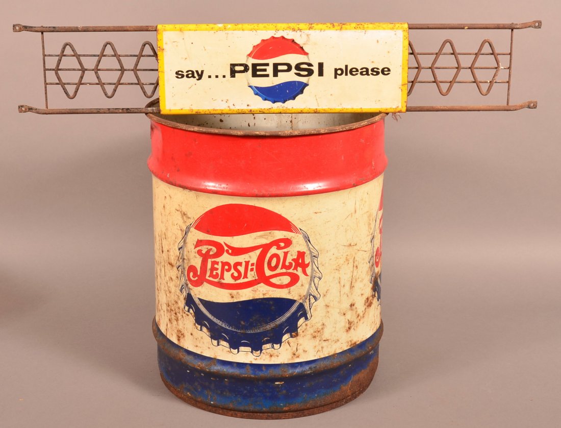 Pepsi-Cola Adjustable Door Push bar and Syrup Can. Door: Pepsi-Cola Adjustable Door Push bar and Syrup Can. Door bar with Say Pepsi Please with flanged bottle cap, 30" closed, syrup can 17"h. x 13-3/4"dia. Condition: Poor to good.