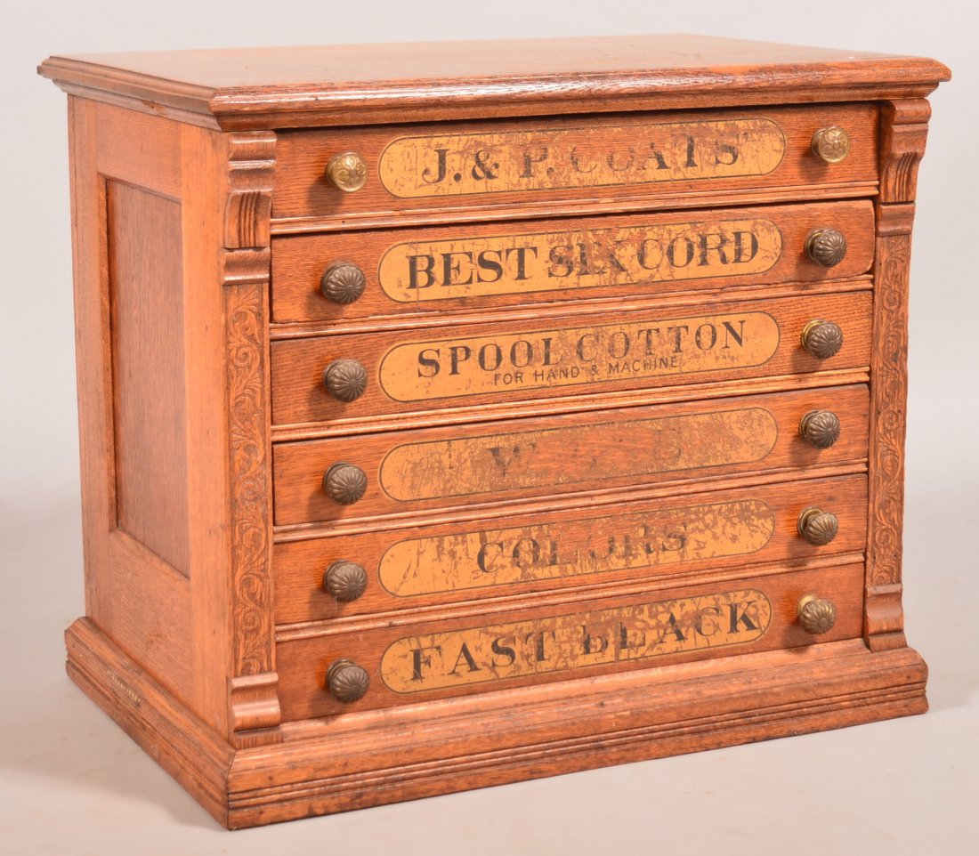 J. & P. Coats Six Drawer Spool Cotton Cabinet. Oak: J. & P. Coats Six Drawer Spool Cotton Cabinet. Oak case with paneled sides, 22-1/2"h. x 25-3/4"w. x 17-1/4"d. Condition: Very good with wear to drawer fronts.