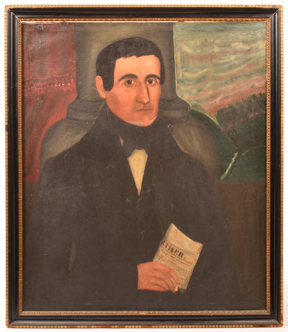 19th Century Folk Art Oil on Canvas Portrait of a: 19th Century Folk Art Oil on Canvas Portrait of a Gentleman. Signed on back "Lyman Bolster, aged 30, March 1839". Image size 27" x 23", in a gilt edge molded frame, 30" x 26" overall. Condition: Good