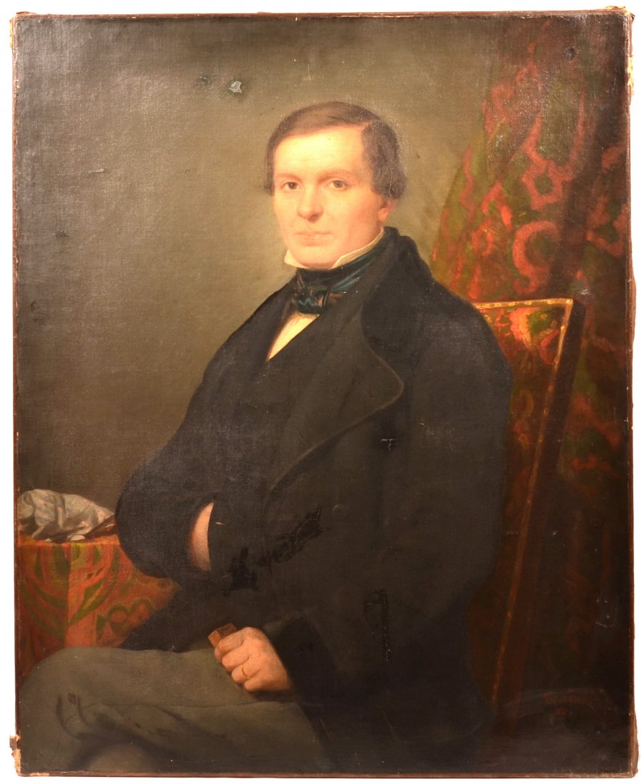Large 19th Century Oil on Canvas Portrait of a: Large 19th Century Oil on Canvas Portrait of a Gentleman. 3/4 seated portrait of a gentleman with one hand in his vest. Unframed, 39-1/2" x 32". Condition: Good with repairs and some losses.