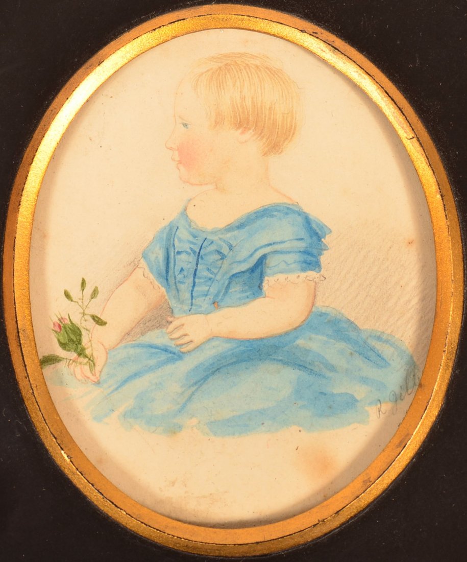 19th Century Miniature Oval Portait Paintings on Paper: 19th Century Miniature Oval Portait Paintings on Paper Signed "R. Jilliet". 3/4 seated profile of a child wearing a blue dress and holding a rose bud. Image size 3-3/8" x 2-3/4" in a slate frame, 5-3/