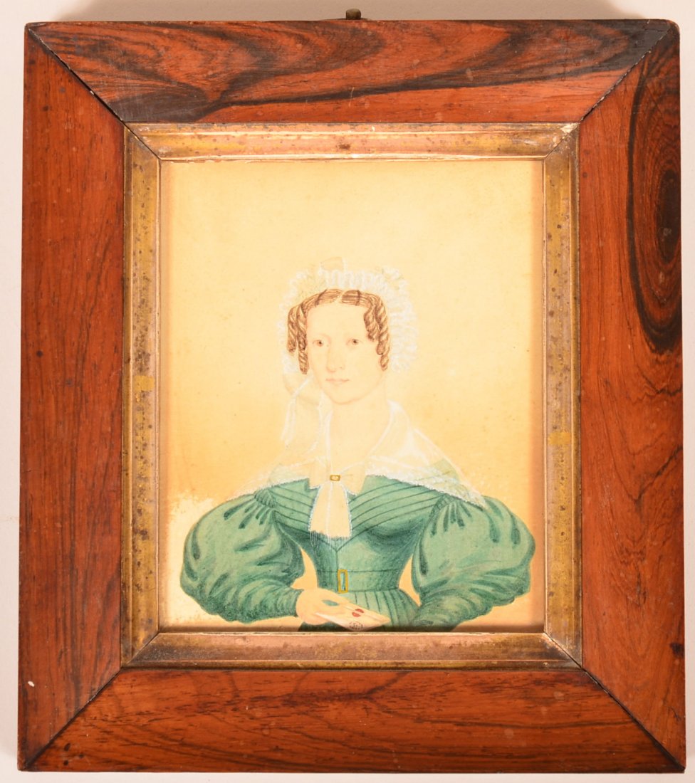 19th Century Miniature Portait Painting on Paper of a: 19th Century Miniature Portait Painting on Paper of a Lady Signed on Back "Painted by P. Clowing 1837". 1/2 length portrait of a young woman wearing a lace bonnet, blue dress and holding an evelope. I