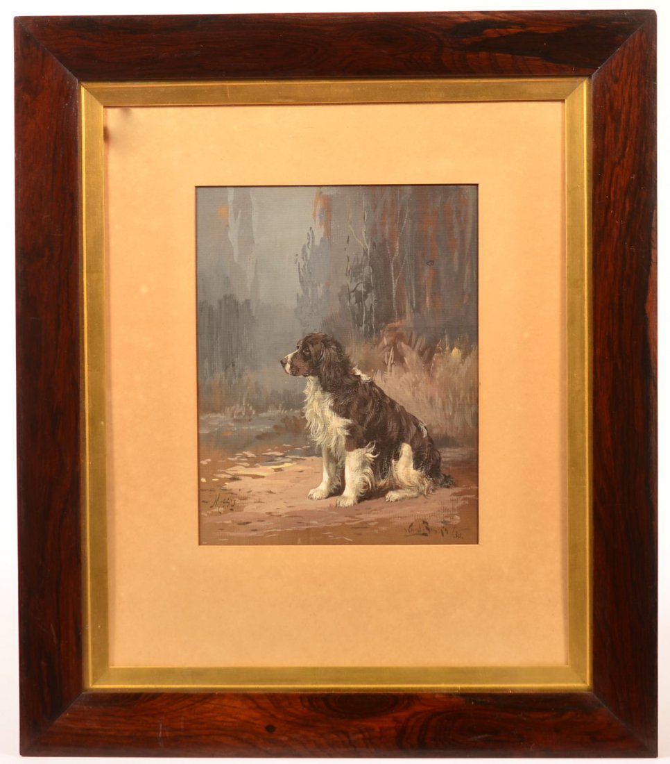 Oil Painting on Paper of a Cocker Spaniel. Artist: Oil Painting on Paper of a Cocker Spaniel. Artist signed "Ward Bliglis(?), (19)30" and titled "Missy". Image sized 11-1/4" x 9", matted and rosewood framed, 23-1/2" x 20-1/2" overall. Condition: Very