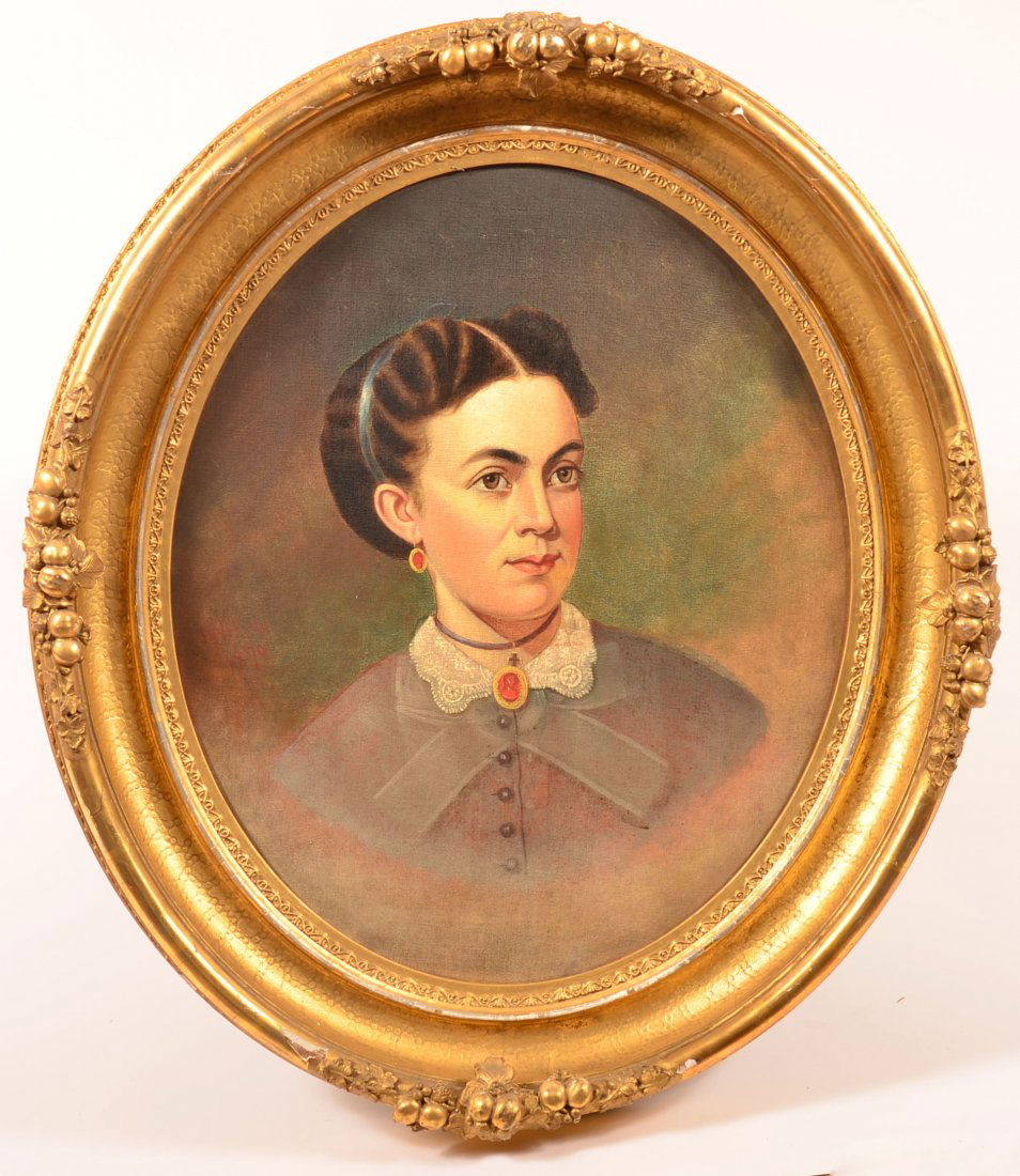 19th Century Oval Oil on Canvas Portrait Painting of a: 19th Century Oval Oil on Canvas Portrait Painting of a Woman. Signed left center, "J. Wilson, 1870". Wearing a grayish red bodice with gray bow and white lace collar. Also wearing a choker necklace wi