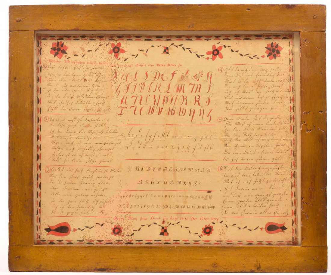 Pennsylvania Hand Drawn and Colored Vorschrift Fraktur: Pennsylvania Hand Drawn and Colored Vorschrift Fraktur Dated 1813. Red and black with geometric border, potted floral vine and tulip decoration. Four panels of Alphabet samples and number sample, six