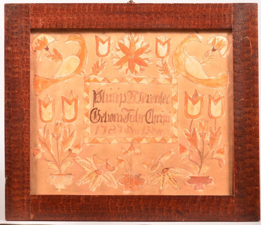 18th Century Pennsylvania Fraktur Birth Record.: 18th Century Pennsylvania Fraktur Birth Record. Watercolor and ink mirror image fraktur executed in orange, brown and white. Birds, tulips and foliate motif. Central geometric bordered panel Inscribed