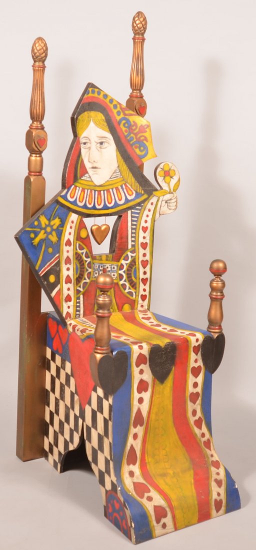 Folk Art Polychrome Decorated Queen of Hearts Chair.: Folk Art Polychrome Decorated Queen of Hearts Chair. Made by Dan Backenstose and painted by Teri Traner, Buffalo Springs Farm, Lebanon County, PA. and dated 2003. 66" high overall. Condition: Very goo