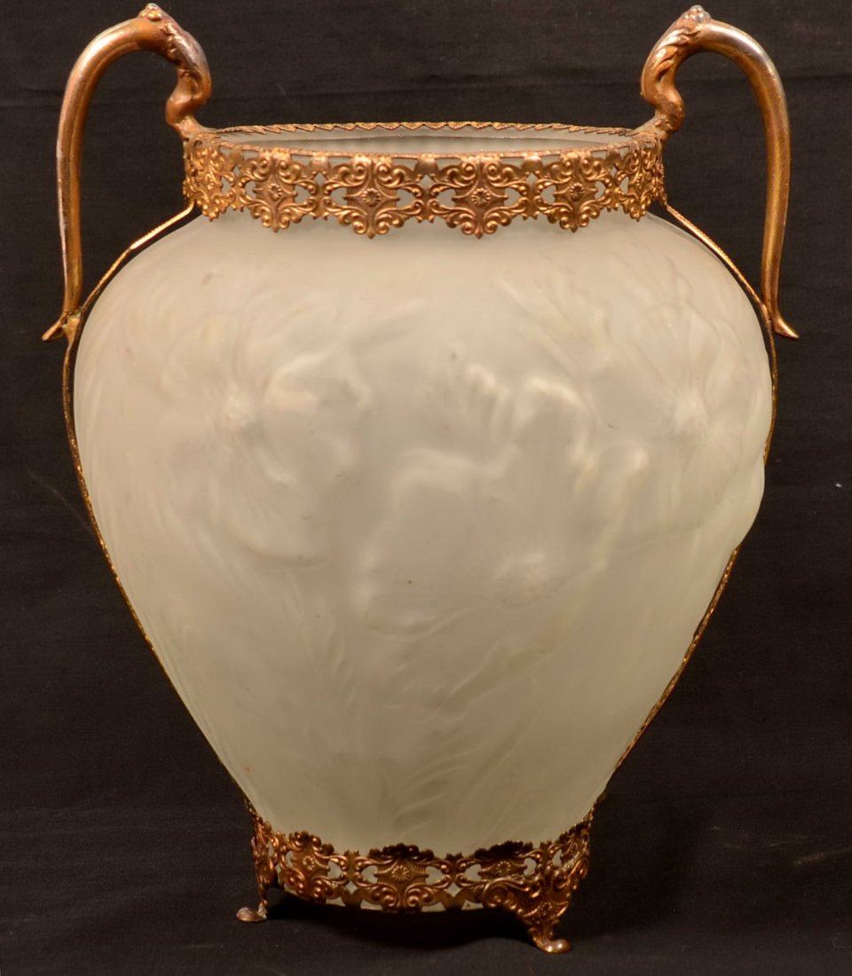 Vintage Frosted Colorless Glass Vase with Ormalu: Vintage Frosted Colorless Glass Vase with Ormalu Mountings, Probably Pheonix Glass. 10-1/2" high overall. Condition: Good, minor wear on metal, no damage.