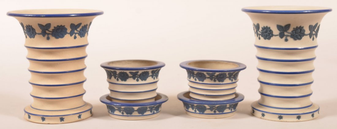 Four Pieces of Blue Floral on White Jasperware, one: Four Pieces of Blue Floral on White Jasperware, one signed "Hackwood & Co". (Eastwood, Hanley, England Circa. 1807-27). Pair of beaker vases, 5-1/8"h. and a pair small of Cache pots with trays, 2-1/2"