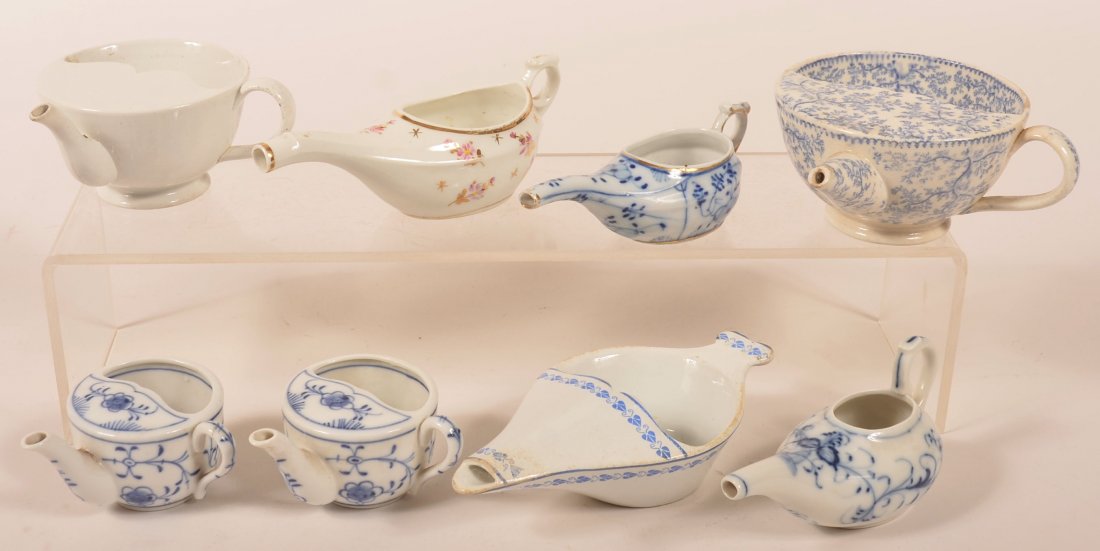 Lot of Eight Various China Invalid/Infant Feeders.: Lot of Eight Various China Invalid/Infant Feeders. Including 4 blue onion pattern and various ironstone. 4" to 7" long. Condition: Very good with minor wear.