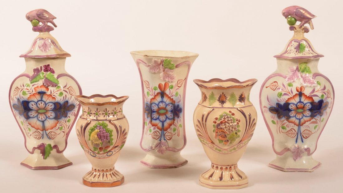 Five Various Early 19th Century Pink Lustre China: Five Various Early 19th Century Pink Lustre China Vases. 1st: Three piece garniture set with gaudy decoration and bird finials, 8" and 11-1/2" high. 2nd: Two embossed vases with polychrome bird, fruit