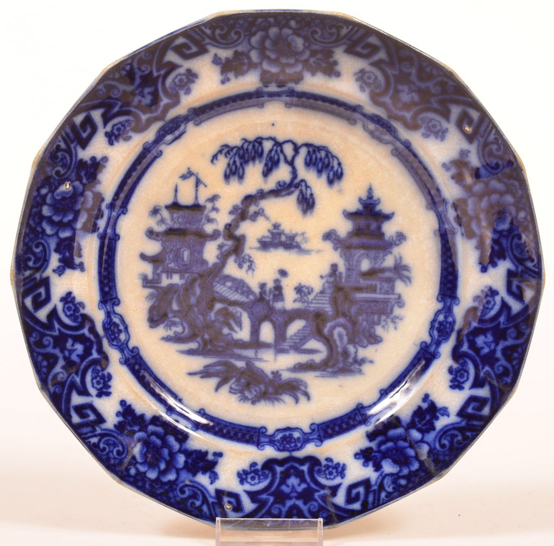 Flow Blue Transfer Decorated Ironstone China "KIN-SHAN": Flow Blue Transfer Decorated Ironstone China "KIN-SHAN" Pattern Plate. By Edward Challinor & Co. 9-3/4" diam. Condition: Very good with some staining.