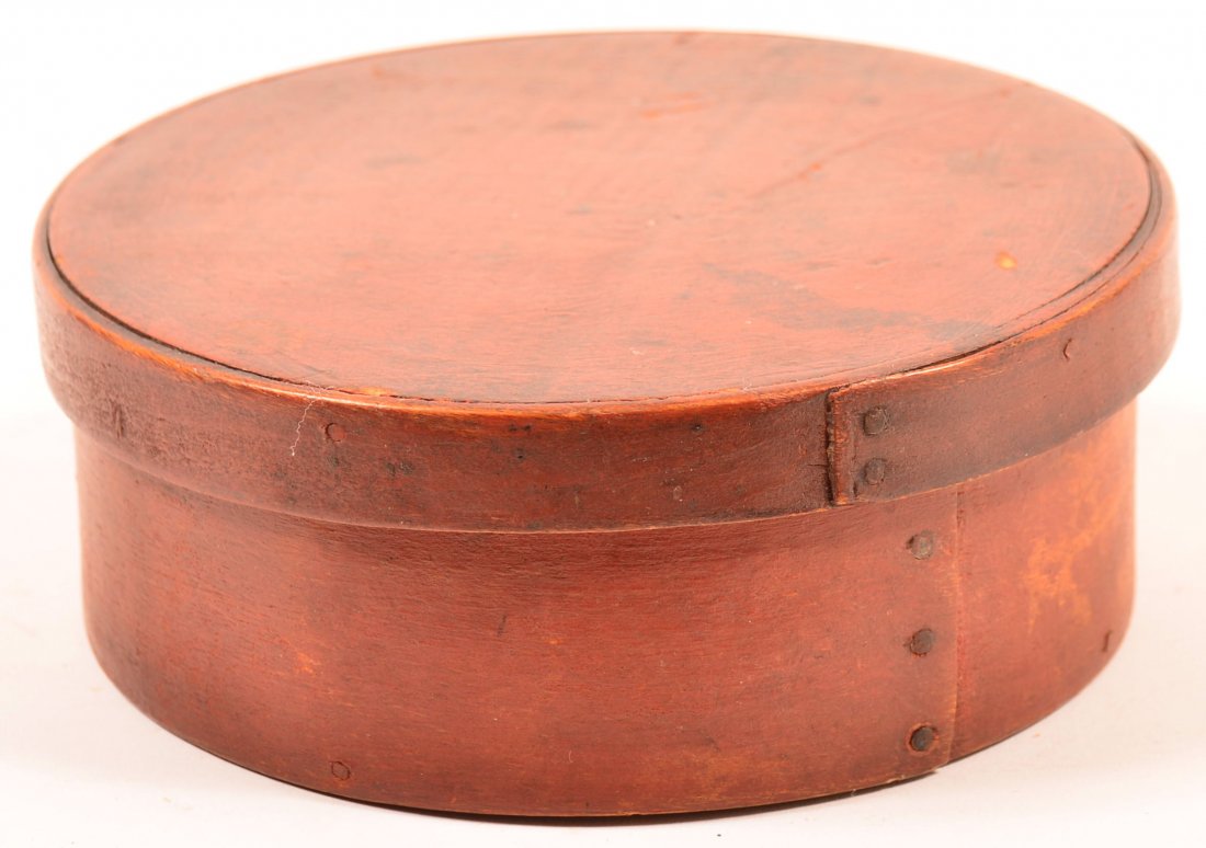 19th Century Round Bentwood Pantry Box with Original: 19th Century Round Bentwood Pantry Box with Original Red Paint. Over lapped joints with iron tack supports. 2-1/4"h. x 6-1/4"d. Condition: Good with minor wear.