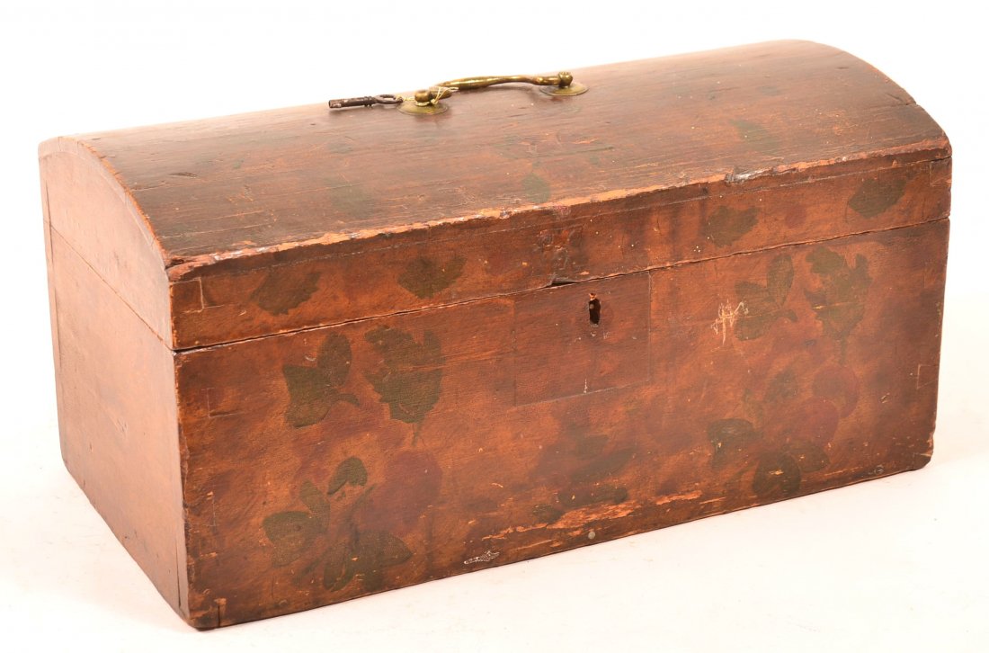 New Hampshire Early 19th Century Softwood Paint: New Hampshire Early 19th Century Softwood Paint Decorated Dome Lid Document Box. Dovetailed case with red and green stencilled fruit and leaf decoration on a sponged ground. 8"h. x 16"w. x 7-3/4"d. Co