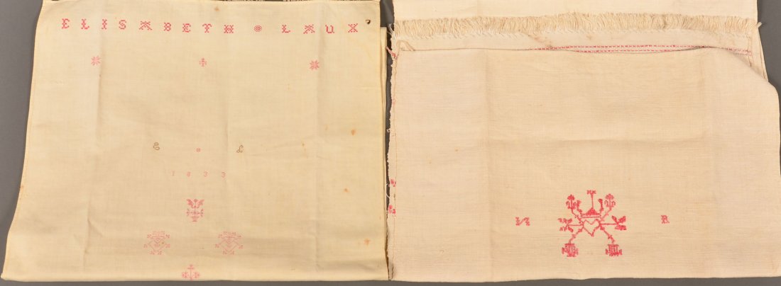 Two Early Needlework Show Towels. 1st Elisabeth Laux: Two Early Needlework Show Towels. 1st Elisabeth Laux dated 1833 with potted flowers, 16"w. x 52-1/2"l. 2nd with floral design with initials N R,18"w. x 52-1/2"l. Condition: Good.