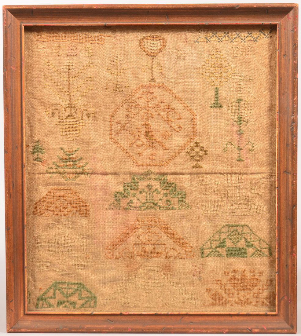 Framed Needlework Sampler with bird on branch, potted: Framed Needlework Sampler with bird on branch, potted flowers and geometric design, 16"h. x 14"w. Condition: Good.