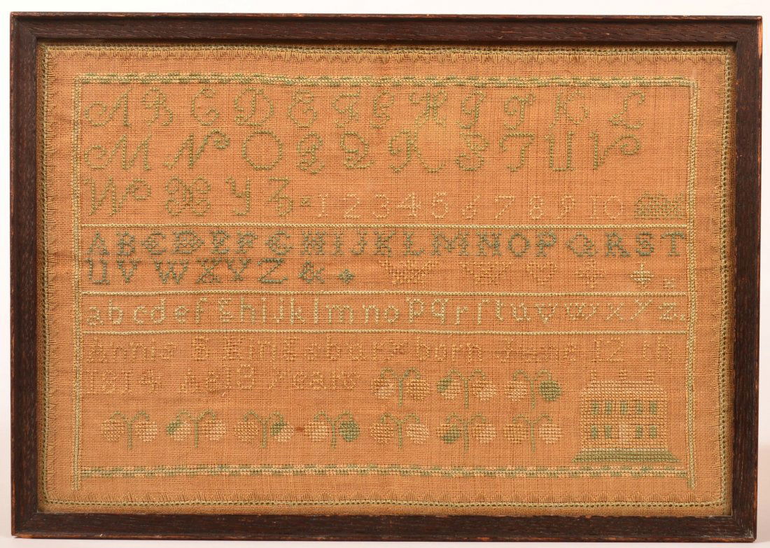 Framed 1814 Annis S. Kingsbury Needlework Sampler.: Framed 1814 Annis S. Kingsbury Needlework Sampler. Alphabet top Annis S. Kingsbury born June 12th 1814, age 13 years middle ,lower with strawberry with building in right hand corner, 13"h. x 18-1/2"w.