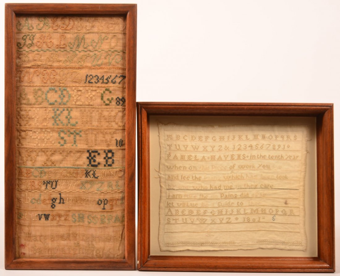 Two Framed ABC Needlework Samplers. 1st Margaret: Two Framed ABC Needlework Samplers. 1st Margaret Burkmans sampler age 11 1816, 19"h. x 9-1/2"w. 2nd Pamela Havens with verse, 12-1/4"h. x 14-1/4"w. Condition: Good.
