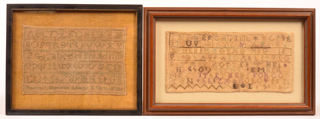 Two Framed ABC Needlework Samplers. 1st Marriet L.: Two Framed ABC Needlework Samplers. 1st Marriet L. Bigelow. Albany N. York 1828, image 5-1/4"h. x 8-1/4"w. 2nd Eliza Rolo, NJ 1888, image 4-3/4"h. x 10-1/4"w. Condition: Good.