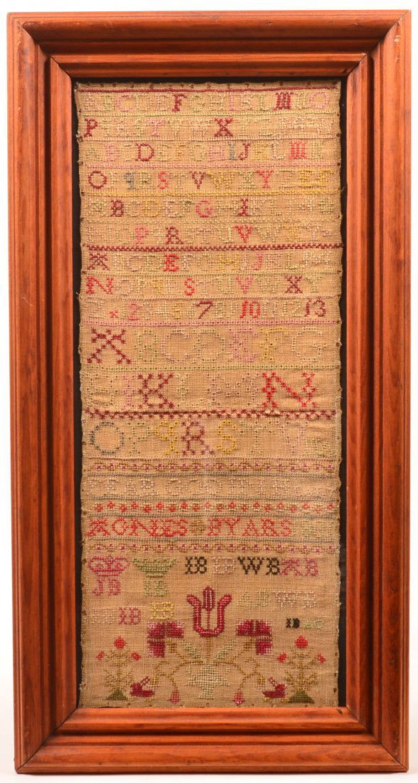 Framed Agnes Byars 1801 Abc Needlework Sampler.: Framed Agnes Byars 1801 Abc Needlework Sampler. Alphabets and numerical above floral and tree with initials JB under crown and others. Image 21-1/4"h. x9"w. overall 26"h. x 13-1/2"w. Condition: Very g