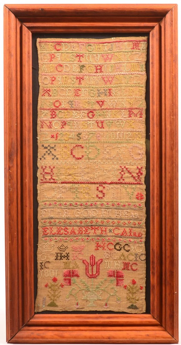Framed Elesabeth Caird 1801 Abc Needlework Sampler.: Framed Elesabeth Caird 1801 Abc Needlework Sampler. Alphabets and numerical above floral and tree with various initials under crown and others. Image 21-1/4"h. x 8-1/2"w. overall 26"h. x 13-1/4"w. Con