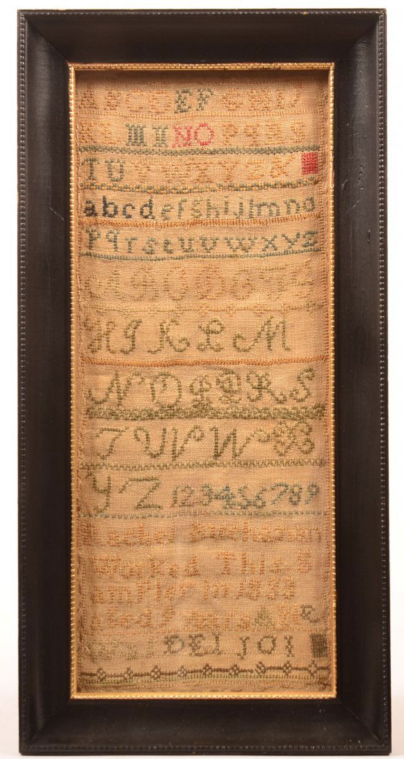 Framed Rachel Buchanan 1833 Abc Needlework Sampler.: Framed Rachel Buchanan 1833 Abc Needlework Sampler. Alphabets and numerical, Rachel Buchanan worked this sampler in1833 aged 9 years, and initials,18-3/4"h. x 9-1/2"w. Condition: Very good.
