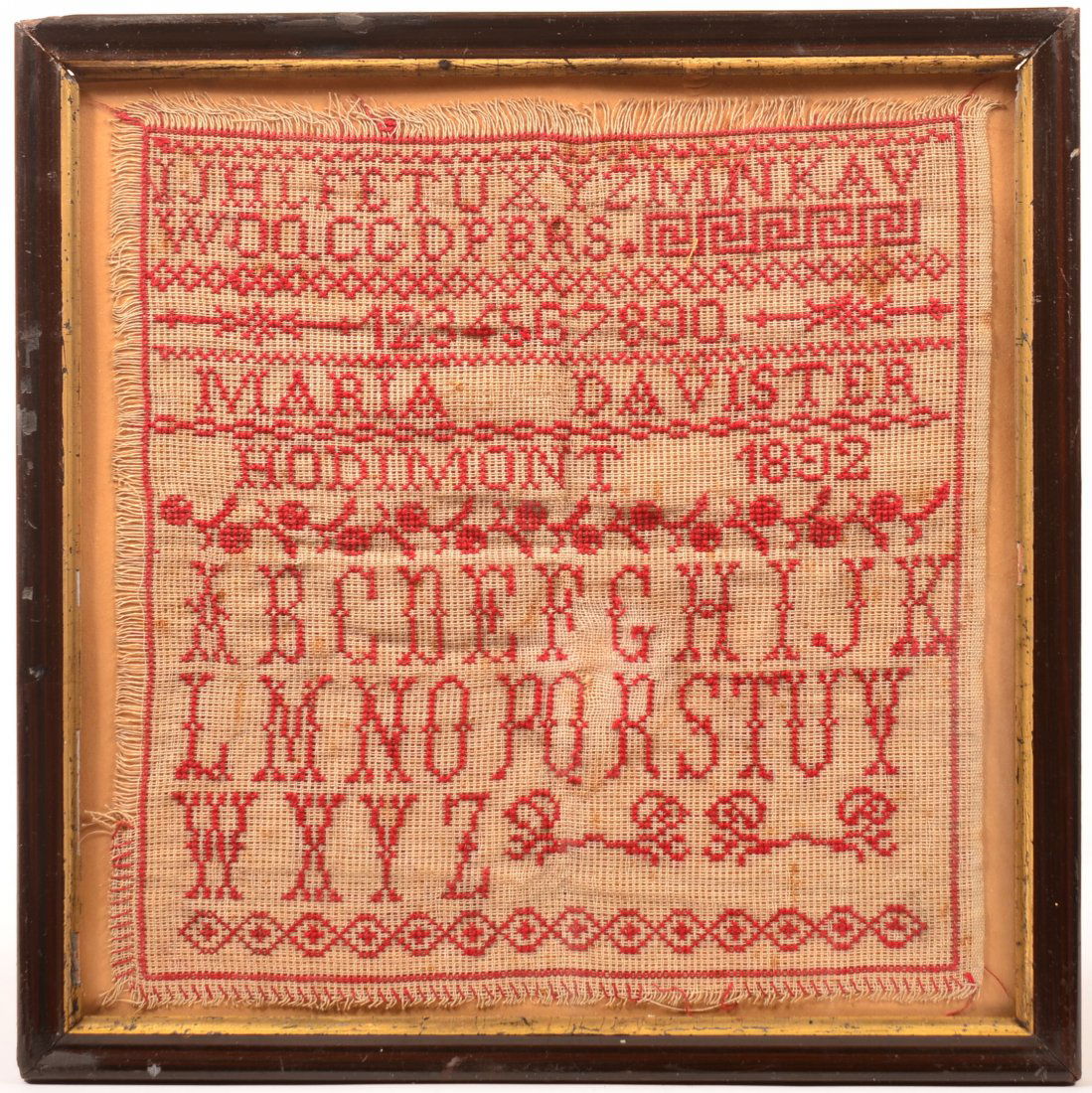 Framed Maria Davister Hodimont 1892 Abc Needlework: Framed Maria Davister Hodimont 1892 Abc Needlework Sampler. Alphabets and numerical, 13-3/4"h. x 13-3/4"w. Condition: Very good.