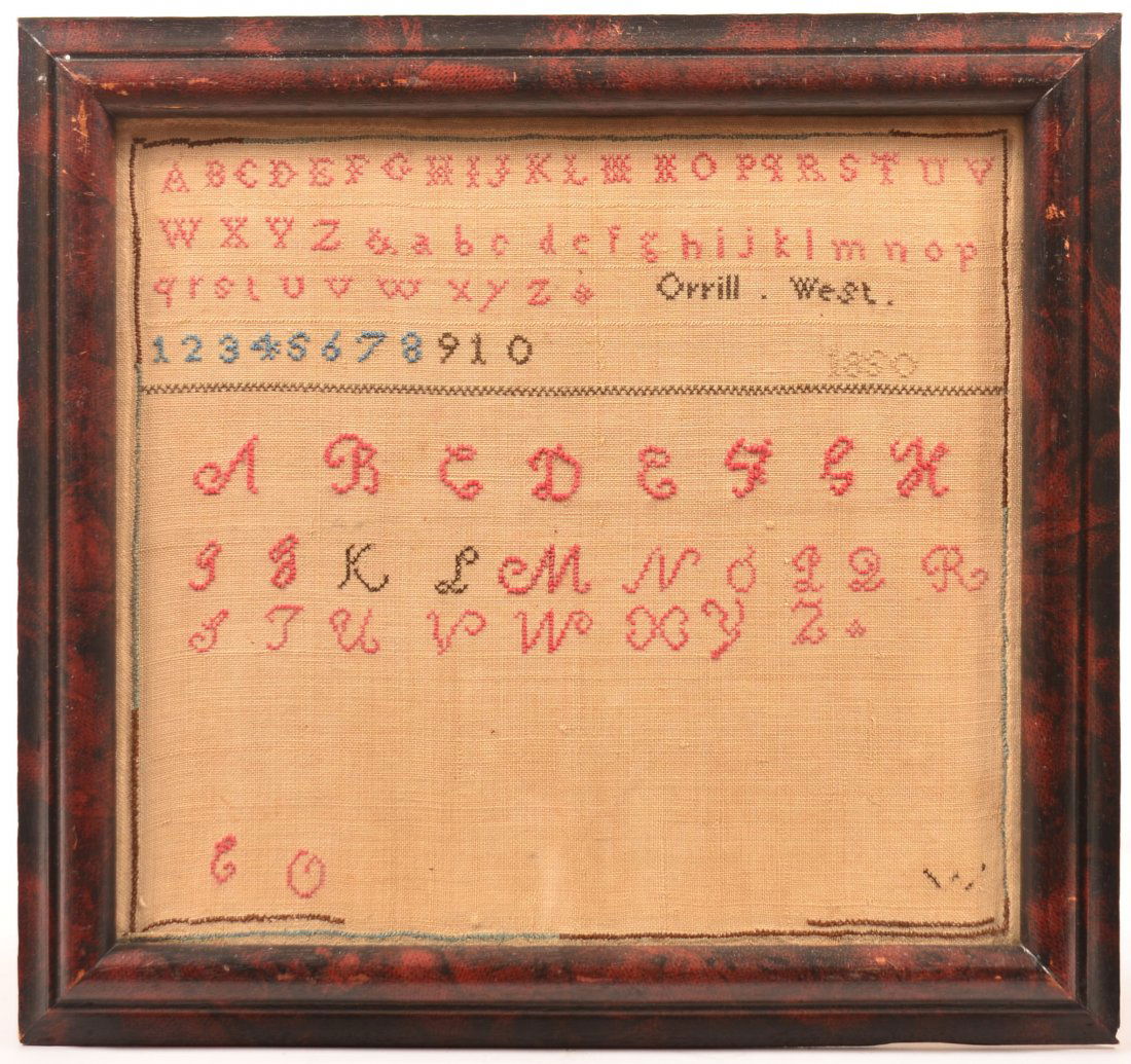 Framed Abc Needlework Sampler. Signed Orrill West 1850,: Framed Abc Needlework Sampler. Signed Orrill West 1850, 12"h. x13"w. Condition: Very good.