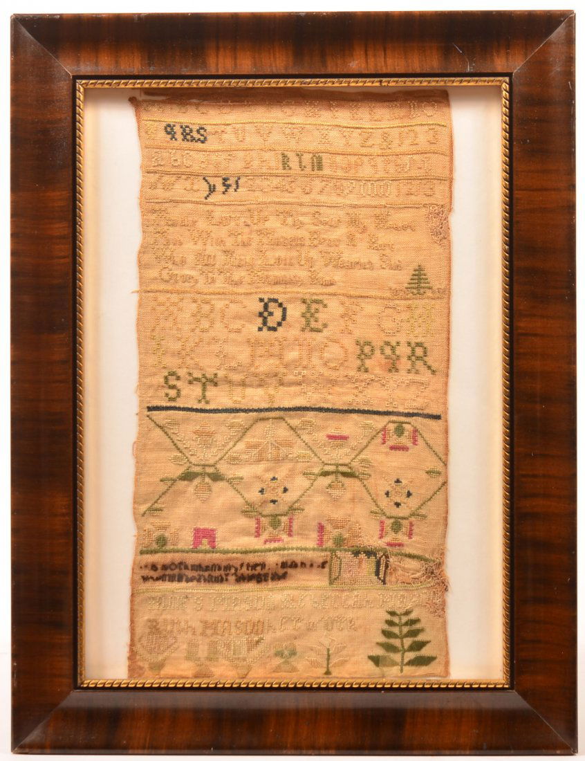 Framed Abc Needlework Sampler, Alphabets and numerical,: Framed Abc Needlework Sampler, Alphabets and numerical, verse, floral and vine, signed Ruth Mason and others, image 16"h. x 8-1/2"w. overall 19-3/4"h. x 15-1/4"w. Condition: Good with losses.