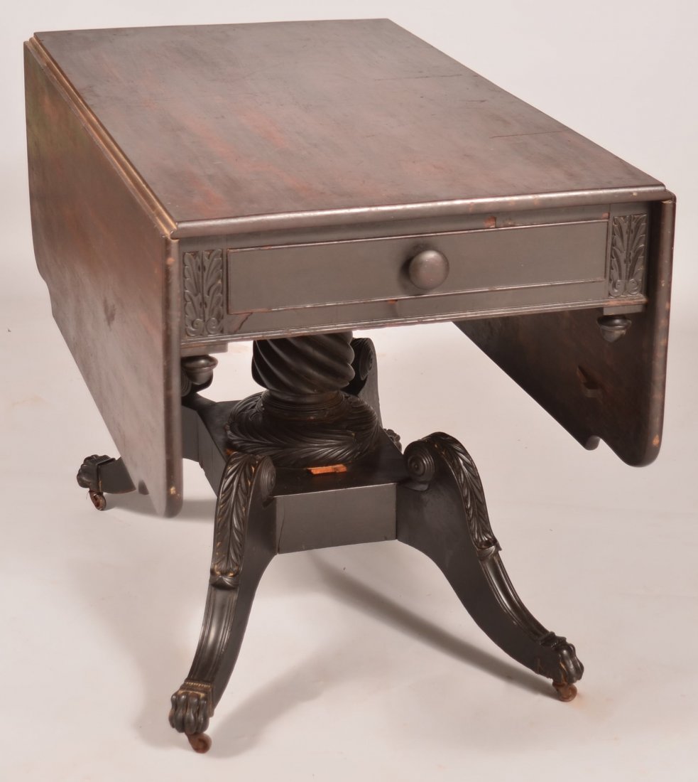 American Federal Mahogany Pedestal Base Drop Leaf: American Federal Mahogany Pedestal Base Drop Leaf Table. Shaped drop leaves, Double dovetailed skirt drawers, spiral and foliate carved pedestal, scroll and leaf carved legs and paw feet. 29-1/2"h. x