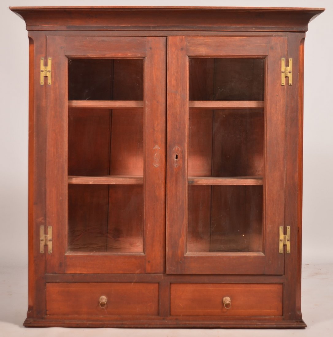 Pennsylvania Hepplewhite Walnut Inlaid Secretary Top.: Pennsylvania Hepplewhite Walnut Inlaid Secretary Top. Cove molded cornice, two glazed upper doors with brass "H" hinges, vertical line inlaid chamfered corners, teo split lower dovetailed drawers and 