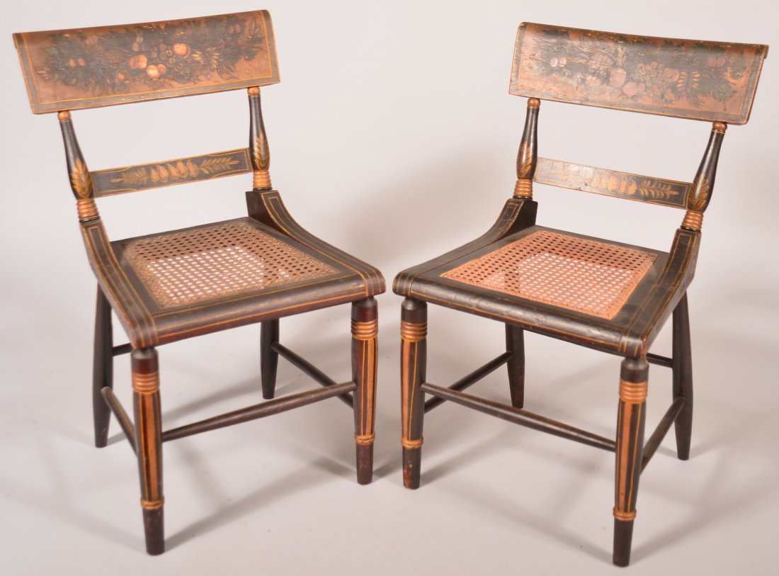 Pair of Pennsylvania Sheraton Paint Decorated Cane Seat: Pair of Pennsylvania Sheraton Paint Decorated Cane Seat Sidechairs. Seat height 17-1/2", 31-1/2" high overall. Condition: Good with age wear and losses.
