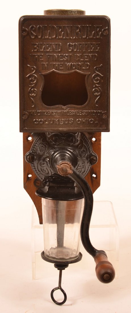 "Golden Rule" Wall Mount Coffee Mill, metal front panel: "Golden Rule" Wall Mount Coffee Mill, metal front panel with a glass see-through shield reads "Blend coffee / the finest in the world / the citizens' wholesale supply co./ Columbus Ohio, 17-1/2"h. Con