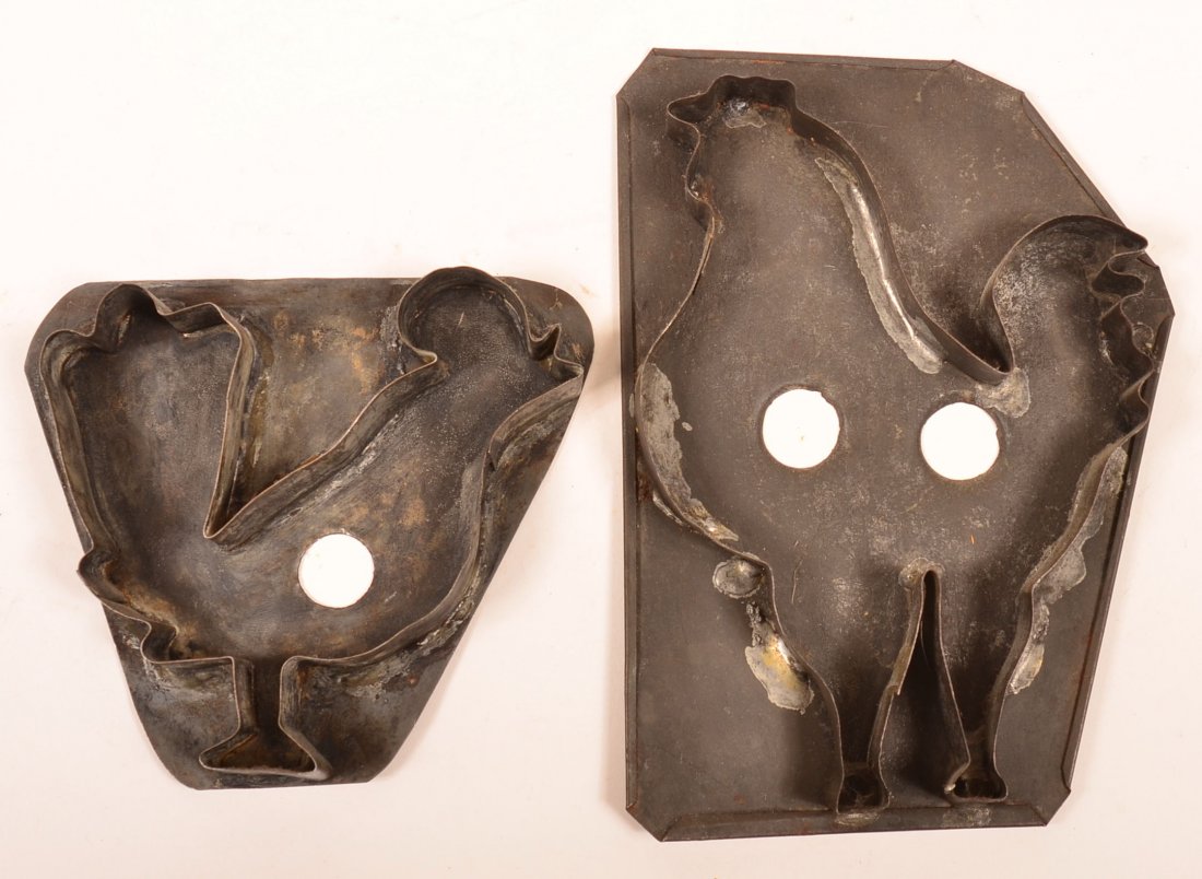 Turkey and Large Rooster Tin Cookie Cutters.: Turkey and Large Rooster Tin Cookie Cutters. 5"h.-7-1/2"h. Condition: Good.