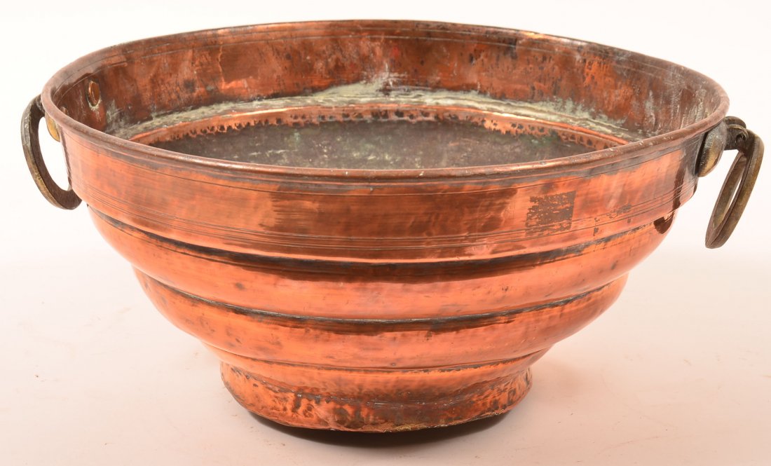 Hammered Copper Conical Shape Pot circular drop: Hammered Copper Conical Shape Pot circular drop handles, 8-1/2"h. x 18-1/2"dia. Condition: Good with use wear.