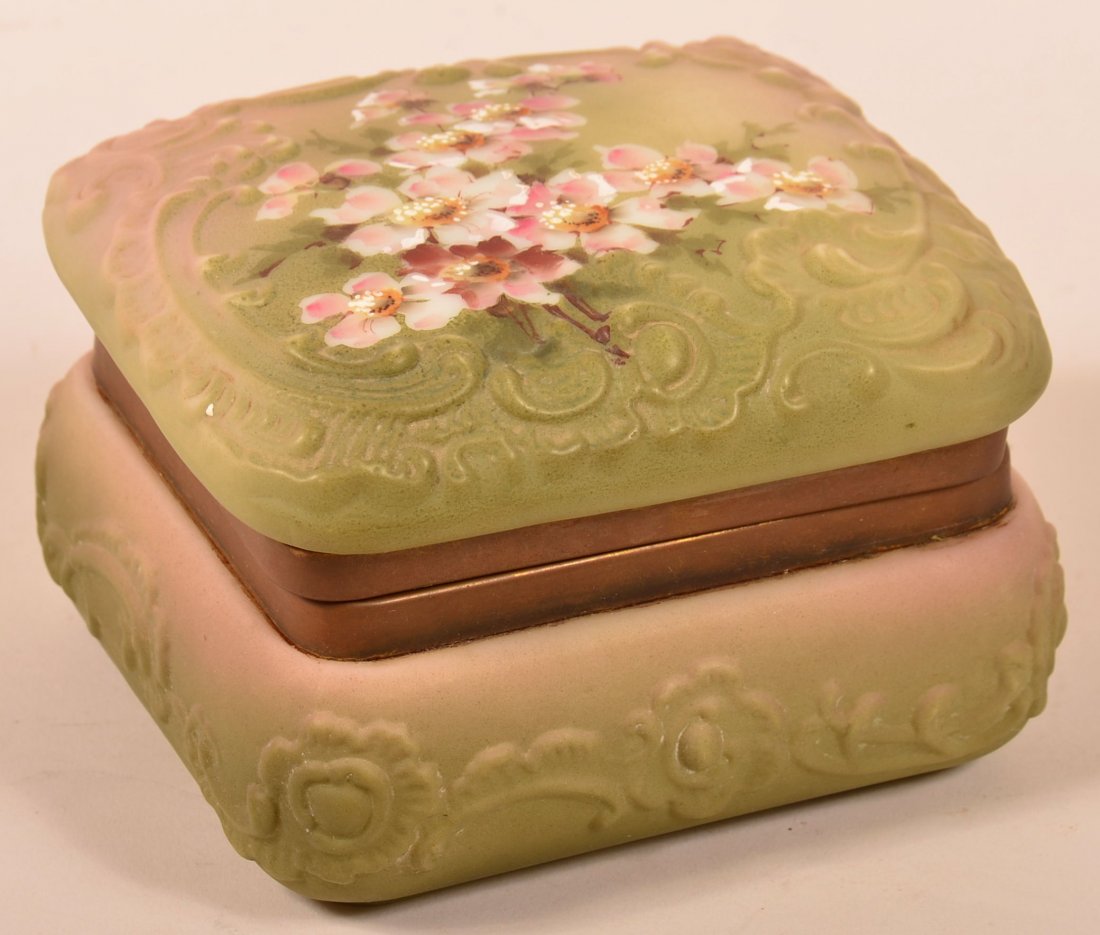 Nakara Floral Decorated Opaque White Glass Hinged Lid: Nakara Floral Decorated Opaque White Glass Hinged Lid Bureau Box by C.F. Monroe Co. Signed under lid "1906, Mould 234 D" 3-3/4"h., 5-3/4"w., 5-3/4"d. Condition: Very good, fabric lining deteriorated.