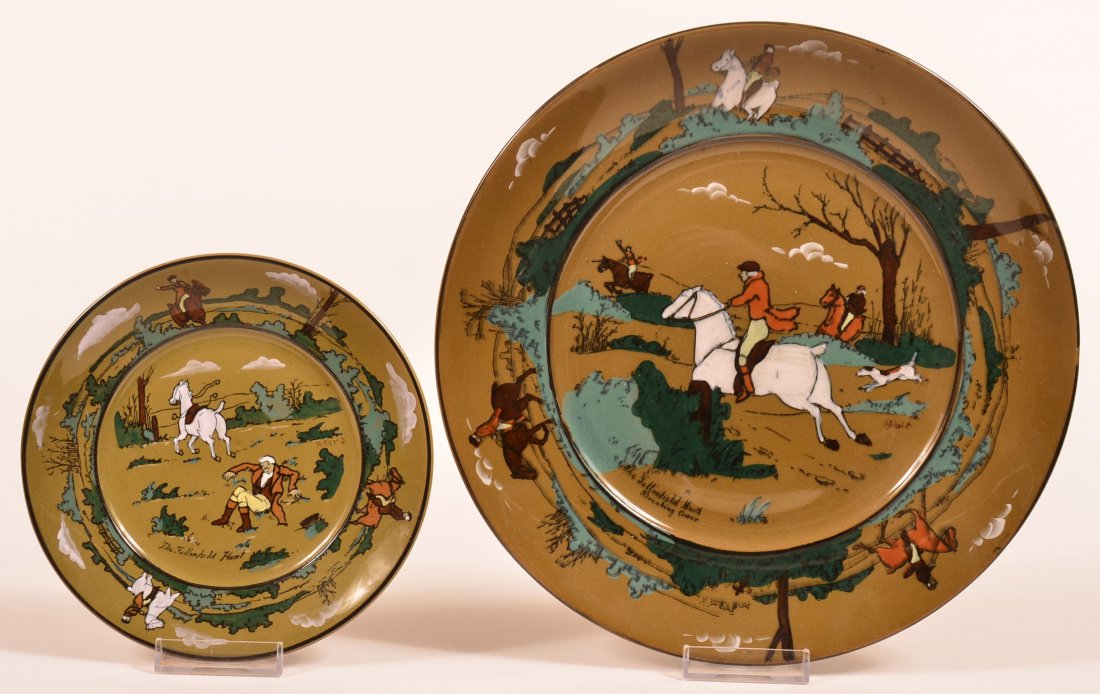 Two Buffalo Pottery Deldare Ware Plates. 1st: "The: Two Buffalo Pottery Deldare Ware Plates. 1st: "The Fallowfield Hunt, Breaking Cover". Artist signed "H. Biddle", dated 1909, 10" diam. 2nd: "The Fallowfield Hunt". Artist signed "M. Ford, dated 1908,