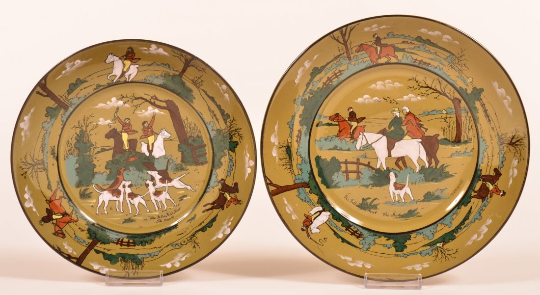 Two Buffalo Pottery Deldare Ware Plates. 1st: "The: Two Buffalo Pottery Deldare Ware Plates. 1st: "The Fallowfield Hunt, The Start". Artist signed "A. Delanney", dated 1908, 9-1/4" diam. 2nd: "The Fallowfield Hunt, The Death". Artist signed "A. Wade, d
