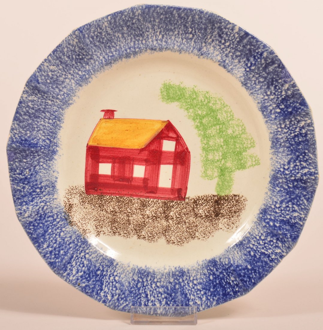 Blue Spatter Ironstone China School House Pattern: Blue Spatter Ironstone China School House Pattern Paneled Plate. Red school house with yellow roof, green pine tree and brown foreground. 9-1/4" diam. Condition: Very good.