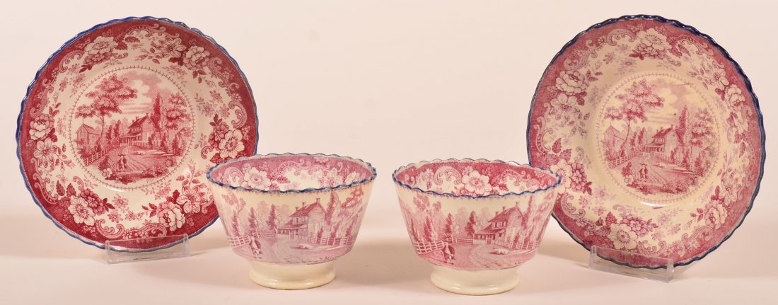 Two Staffordshire China Purple Transfer "Residence of: Two Staffordshire China Purple Transfer "Residence of the Late Richard Jordan, New Jersey" Handleless Cups and Saucers. With unusual cobalt blue glazed scalloped rims. Saucers measure 5-3/4". Conditio