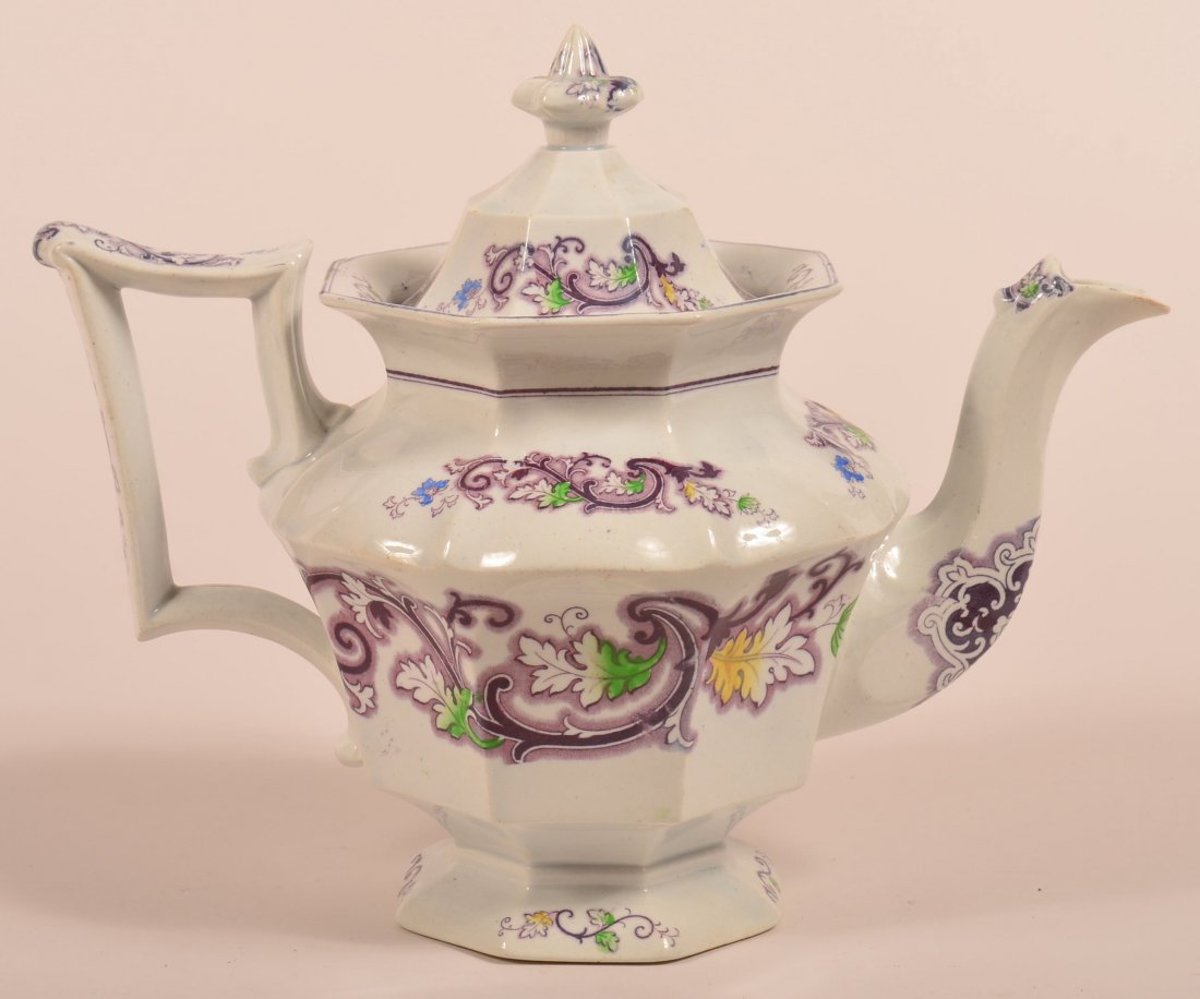 Ironstone China Purple Transfer "Aurora" Pattern: Ironstone China Purple Transfer "Aurora" Pattern Paneled Coffee Pot. 9-1/2" high. Condition: Very good.