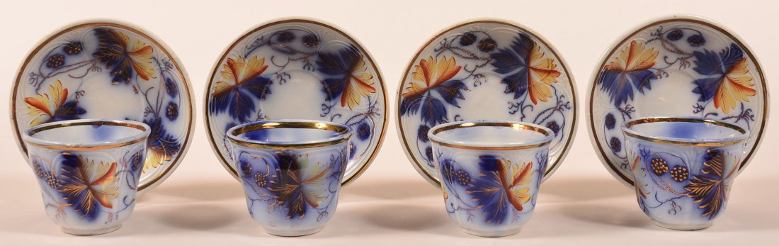 Set of Four Gaudy Ironstone China Blackberry Pattern: Set of Four Gaudy Ironstone China Blackberry Pattern Handleless Cups and Saucers. Saucers impressed "Paris White Ironstone China, Walley". Condition: Very good.