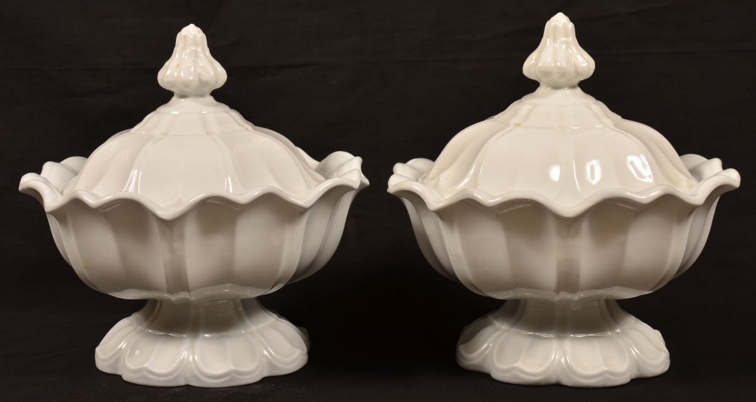 Pair of White Ironstone China Sydenham Shape Covered: Pair of White Ironstone China Sydenham Shape Covered and Footed Vegetable Compotes. Impressed T&R Boote. 9-1/4"h. x 10" diam. Condition: Very good.