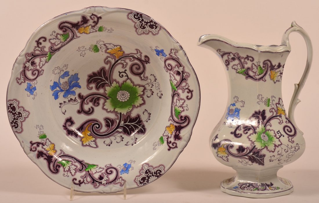 Purple Transfer Ironstone China "Aurora" Pattern: Purple Transfer Ironstone China "Aurora" Pattern Pitcher and Bowl Set. Bowl impressed F. McKinley & Co. Pitcher measures 12-1/4", bowl measures 13-1/2" diam. Condition: Very good.
