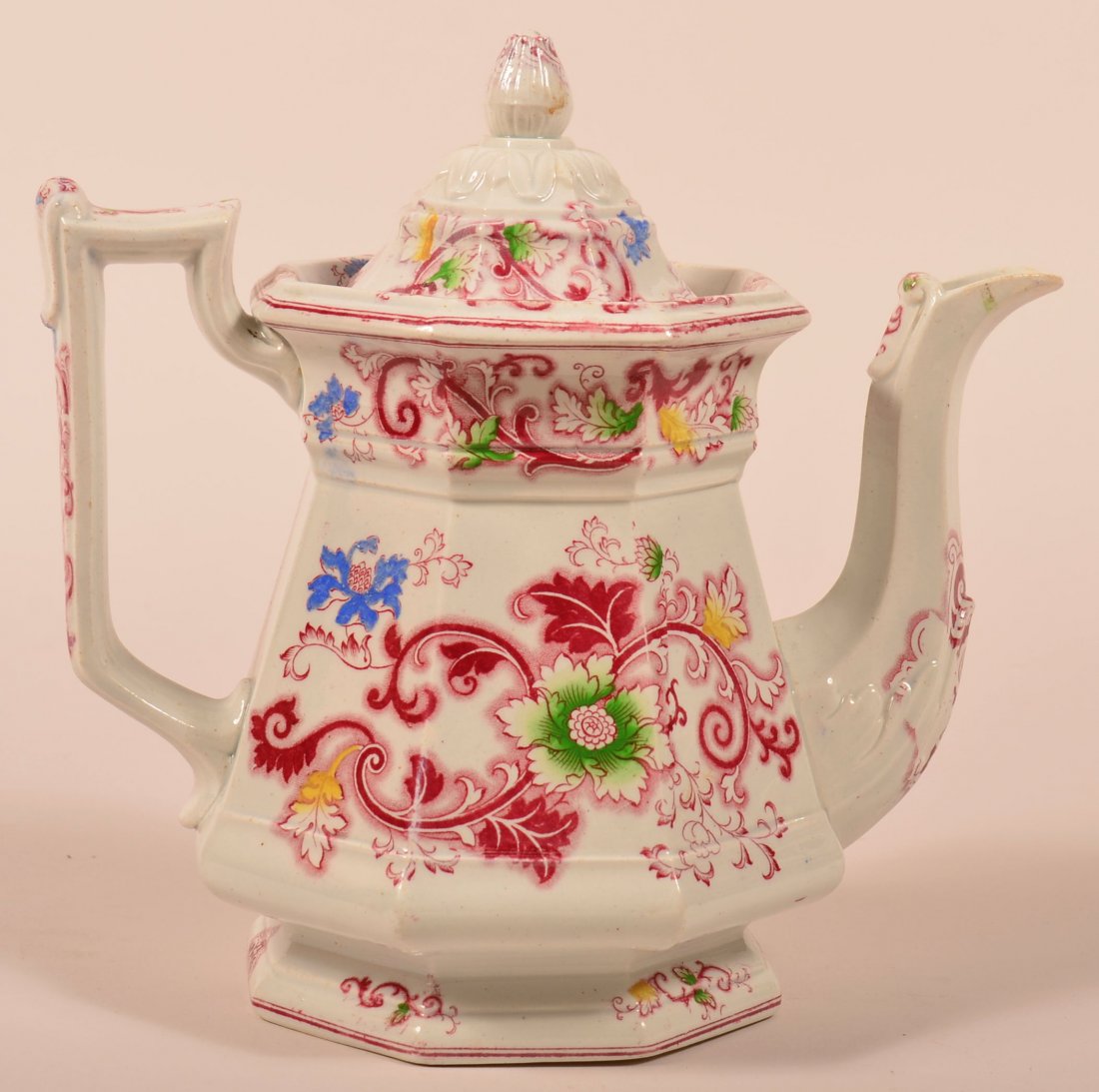 Red Transfer Ironstone China "Aurora" Pattern Paneled: Red Transfer Ironstone China "Aurora" Pattern Paneled Coffee Pot. 9-1/2" high. Condition: Very good with a couple of small chips inside of rim.