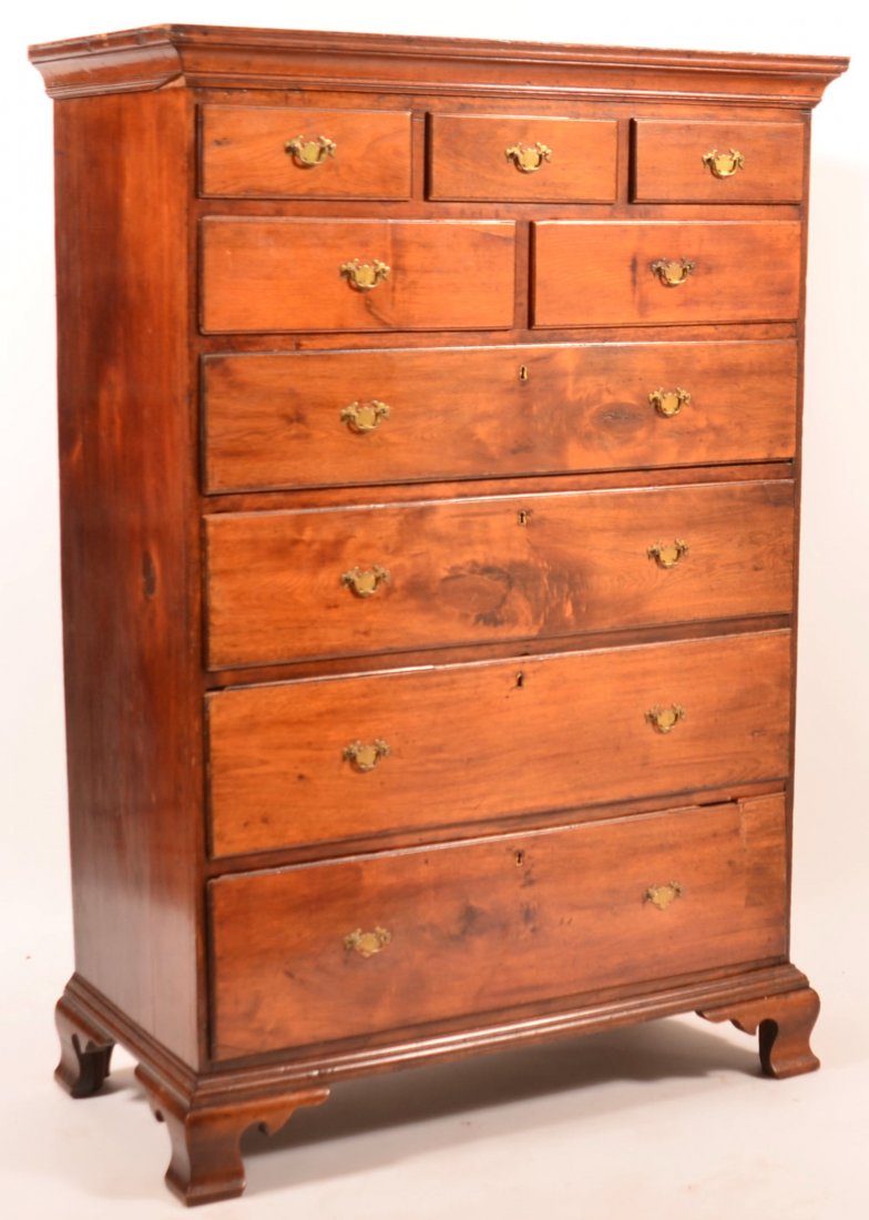 Pennsylvania Chippendale Walnut Tall Chest of Drawers.: Pennsylvania Chippendale Walnut Tall Chest of Drawers. Dovetailed case, molded cornice, three over two over four full-width lip-molded and dovetailed graduated drawers, molded base with ogee bracket f