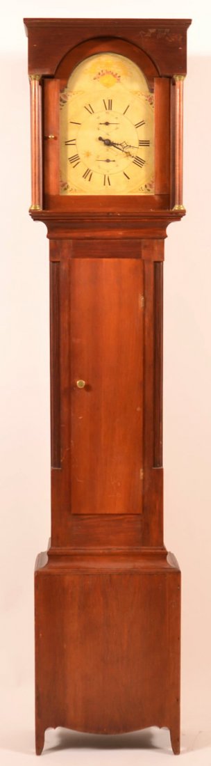 Unsigned Federal Softwood Flat Top Tall Case Clock.: Unsigned Federal Softwood Flat Top Tall Case Clock. Molded cornice, turned column supports, cove molded waist, reeded quarter columns, flat panel base with bowed skirt and cut-out bracket feet. 30 hou