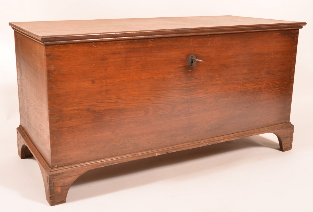 Pennsylvania Country Hepplewhite Softwood Blanket: Pennsylvania Country Hepplewhite Softwood Blanket Chest. Molded lid, interior till, wriggle work iron jaw lock, strap hinges, dovetailed case, molded bracket base, 25 1/2"h. x 50-1/4"w. x 22-1/4"d. Co